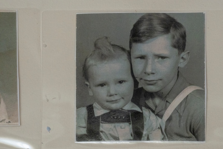 Black and white photograph of two young boys