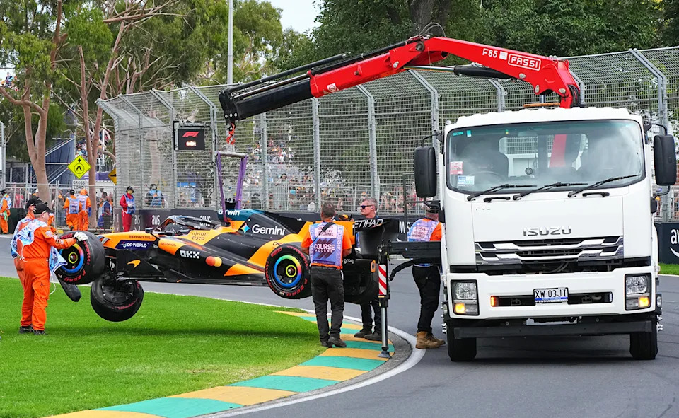 Oscar Piastri's car, pictured here after he crashed before the Australian Grand Prix even started.