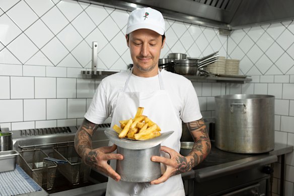 Elvis Abrahanowicz with his hand-cut chips served at Joe’s Tavern and Mister Grotto in Sydney.