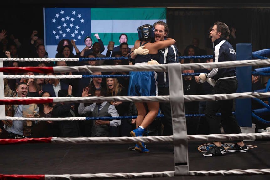 Captain Renee Curry hugging Detective Terry Bruno while Detective Jake Griffin watches in Law and Order: Special Victims Unit Season 27 Episode 14.