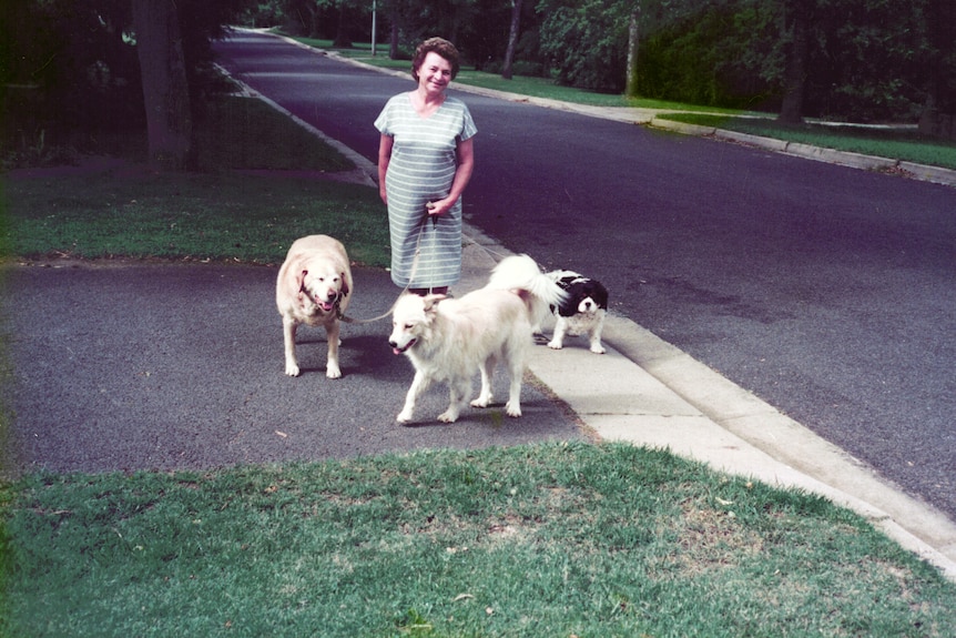 A woman walking her three dogs outdoors.