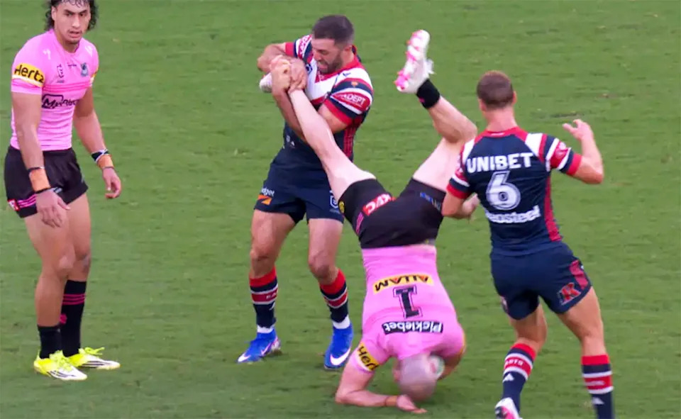 James Tedesco, pictured here putting Dylan Edwards into a dangerous position.
