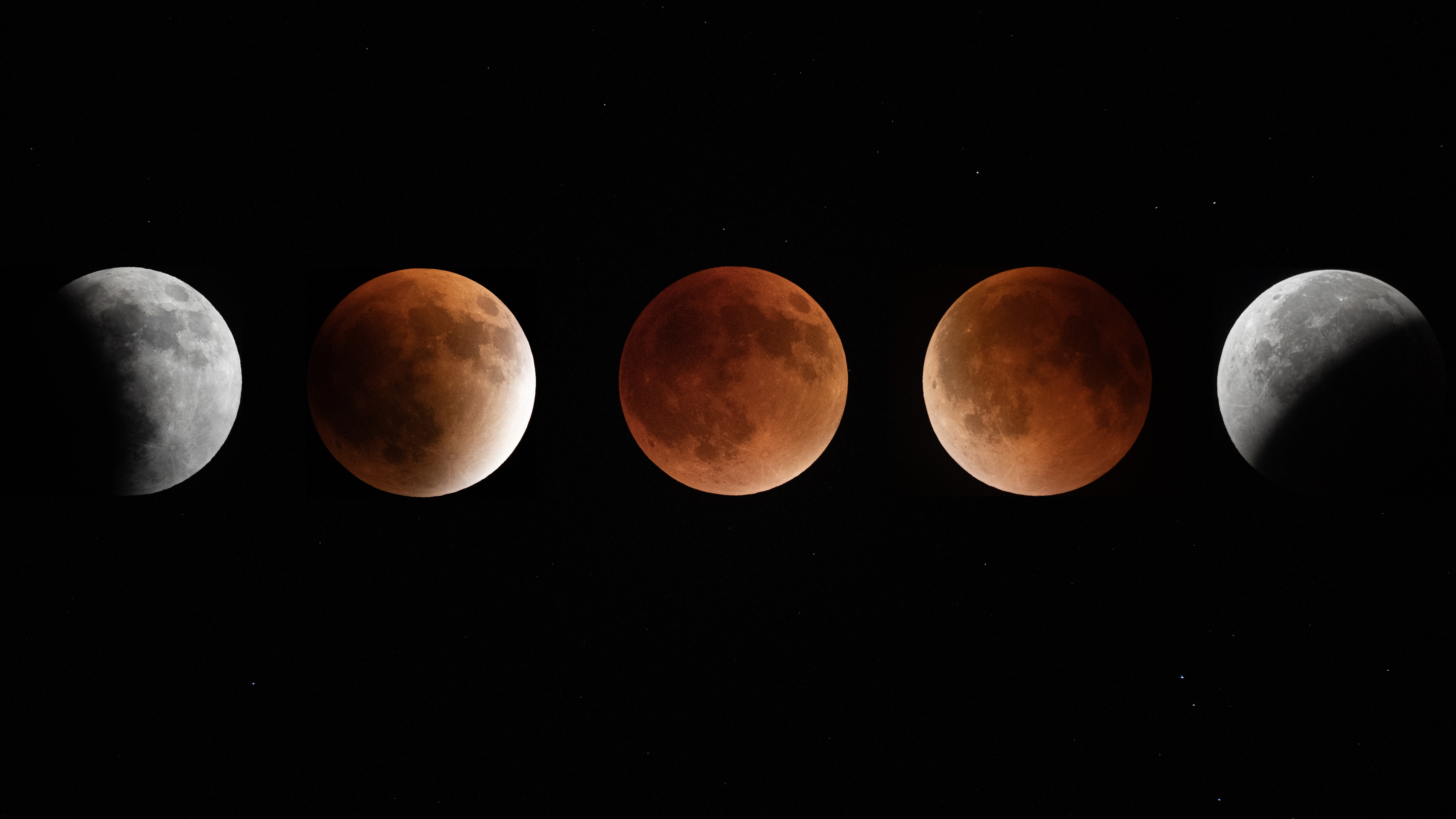 sequence of a total lunar eclipse showing the moon get progressively more blood red and then move back to it's usual gray.