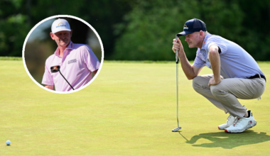 Brandt Snedeker lines up a putt, with the American watching a putt