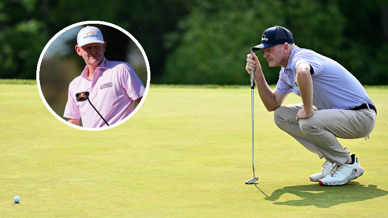 Brandt Snedeker lines up a putt, with the American watching a putt