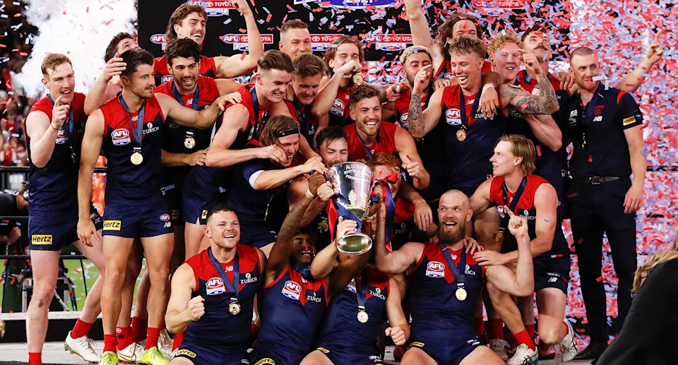 Steven May with Melbourne Demons teammates after the 2021 premiership.