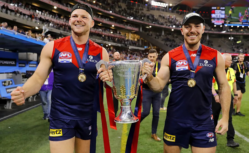 Steven May and Michael Hibberd, pictured here after the AFL grand final in 2021.