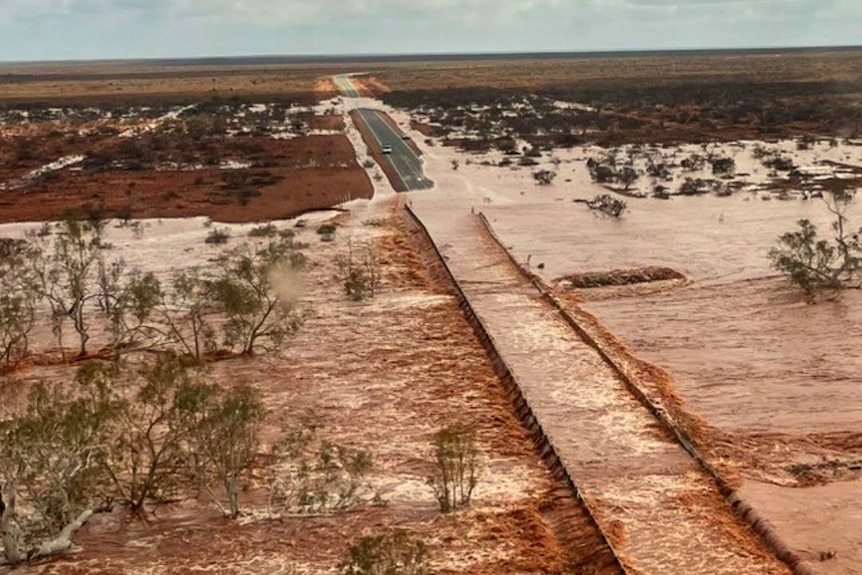 Aerial shot of a badly flooded highway.