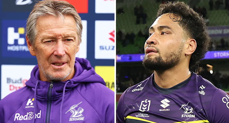 Pictured left to right, Storm coach Craig Bellamy and sidelined Melbourne star Eli Katoa.