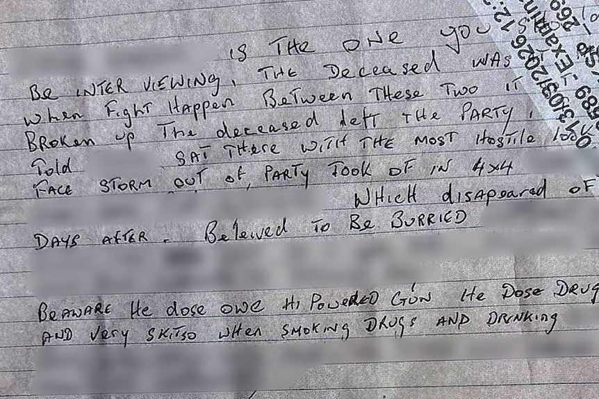 A handwritten letter in black ink on lined paper. Some of he words are blurred.