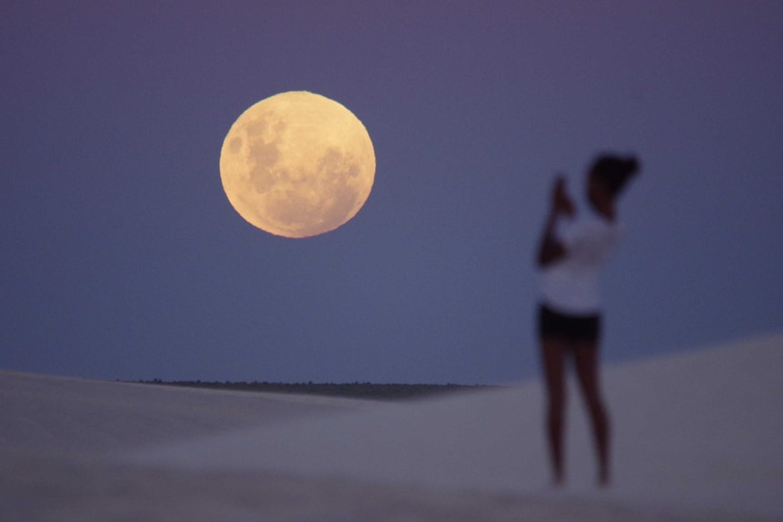 A young woman stands holding a smartphone taking a photo of the super blue blood moon at Lancelin.