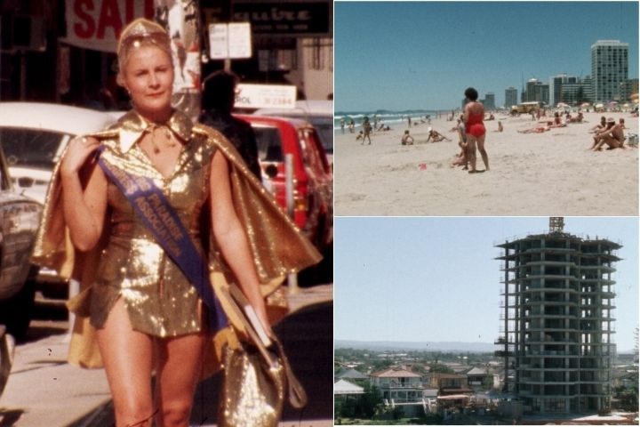 Scenes on the Gold Coast the late 1970s, including the beach, a high-rise under construction and a meter-maid
