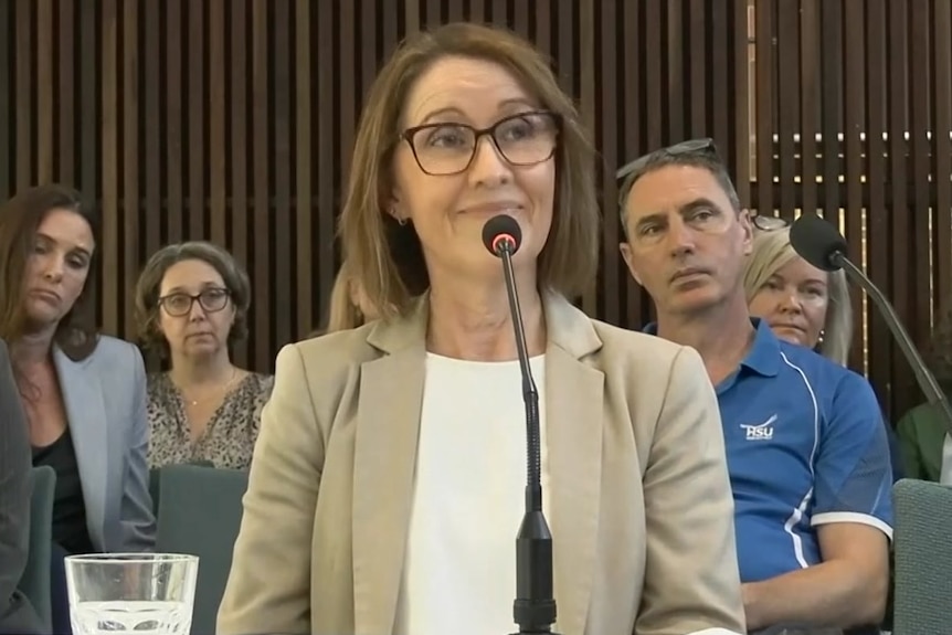 A woman with glasses sitting at a parliamentary committee smiling in front of a microphone