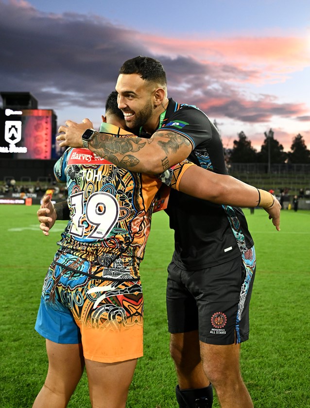 Josh Kerr congratulates Caleb Tohi after his 2026 Indigenous All Stars debut.