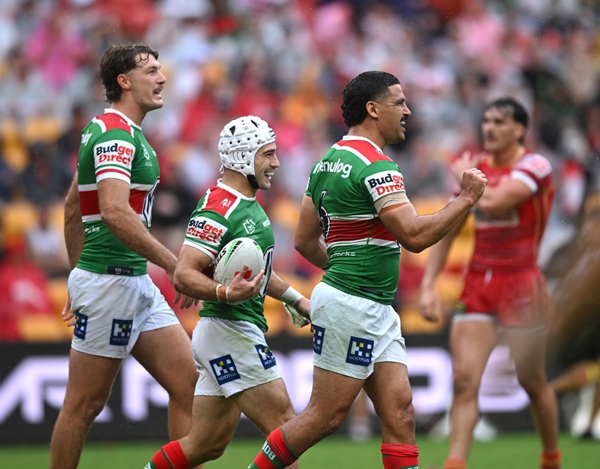Jye Gray celebrates a try.