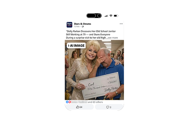 Dolly Parton has blonde hair and wears a sparkle dress has arm around an older man blue shirt with a novelty cheque