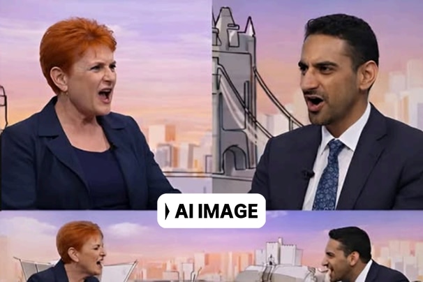 Three box split image with a man and a woman arguing. London is visible in the background