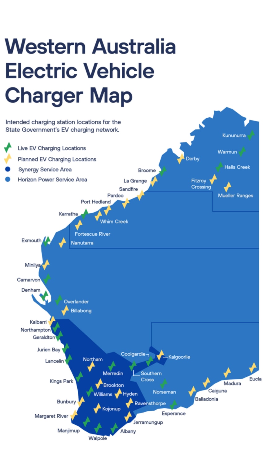 Map graphic of WA with points showing the locations of EV chargers