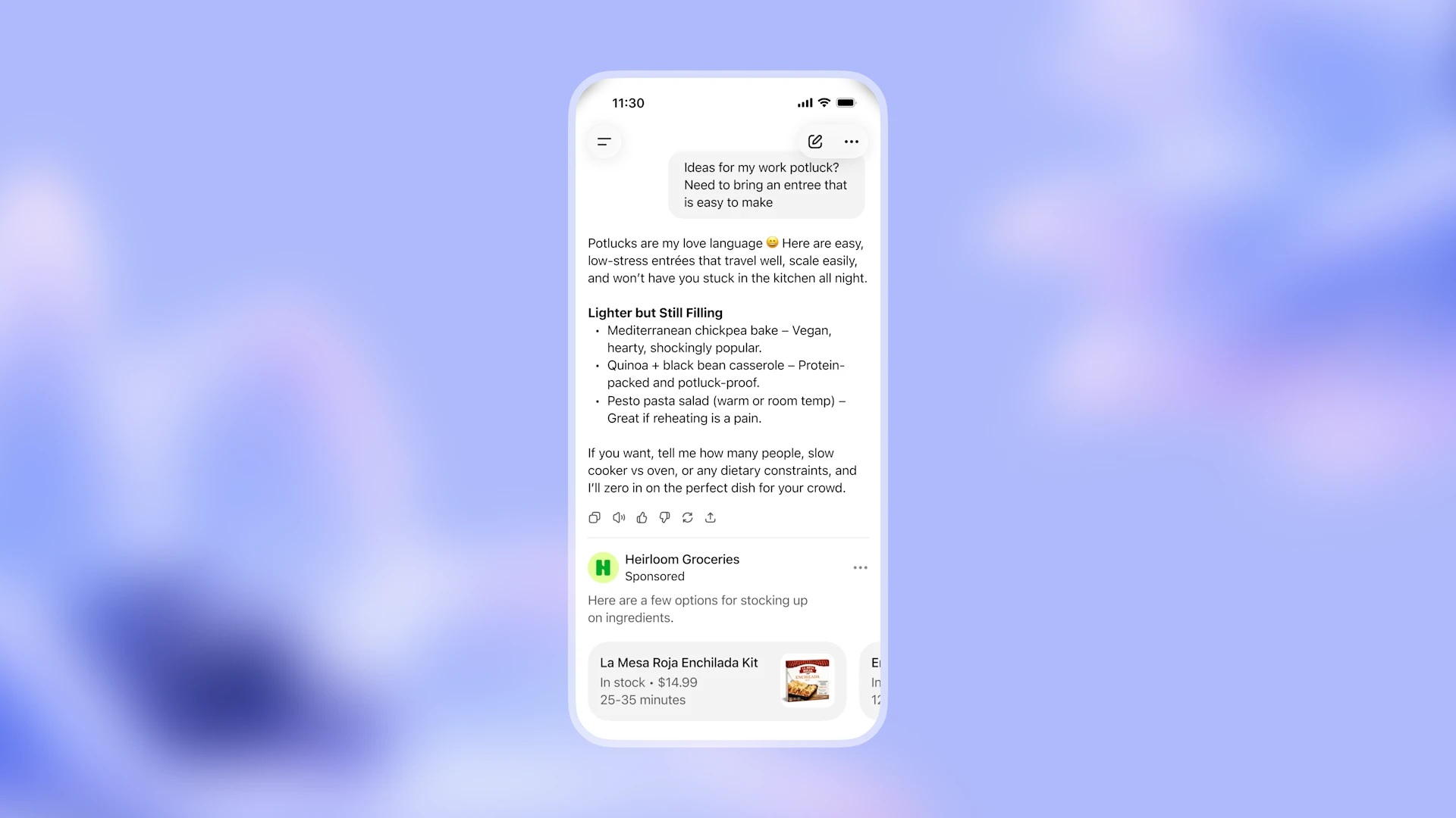an image of a phone screen that shows an ad accompanying a question asked in ChatGPT