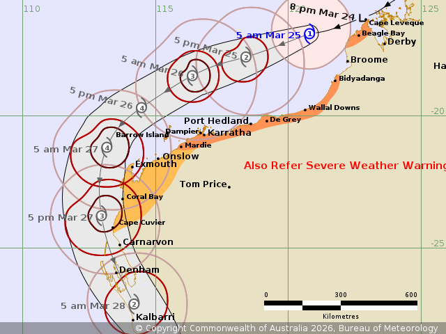 The latest track map from the BOM shows TC Narelle reaching a category 4 over coming days