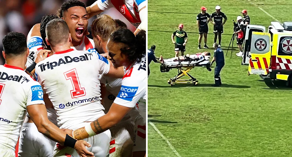 On the right is Dragons prop Loko Pasifiki Tonga being taken to hospital after a training injury on Thursday. 