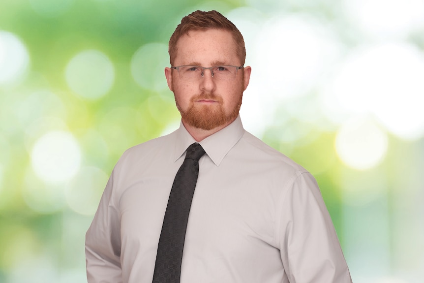 A man in glasses and shirt and tie, superimposed on a blurry greenery background
