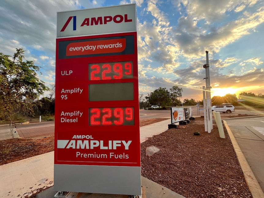 An AMPOL branded petrol station sign shows prices for ULP at 229.9 cents per litre
