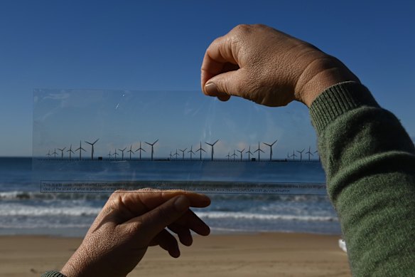 An artist’s impression purporting to show what wind farms 10km off the Illawarra coast would look like, as distributed by the group Responsible Futures at a public meeting in Unanderra. Unless you have a second person to hold it up at least a metre away, this artist’s impression provides a misleading visual reference for what the wind turbines off the coast of Wollongong would look like.