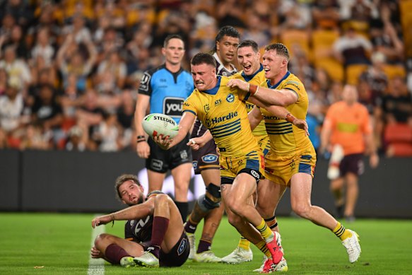 Jonah Pezet celebrates his match-winning try tonight