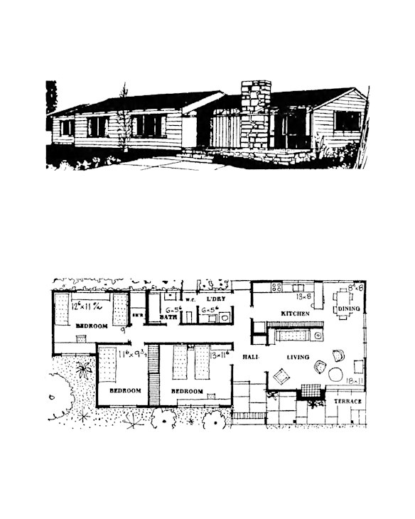 The T377 plan for a house, drawn up by architect Neil Clerehan for The Age’s Small Homes Service.