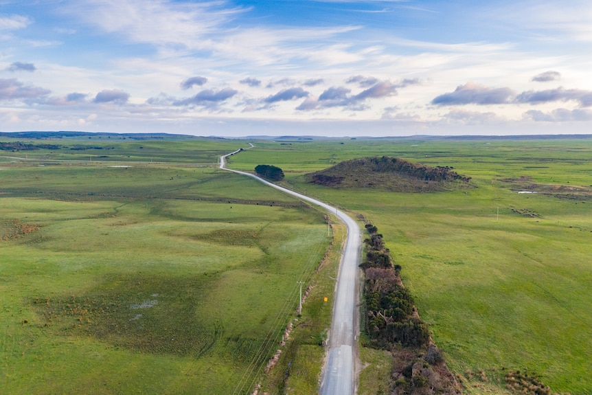 A road winds beside green paddocks.