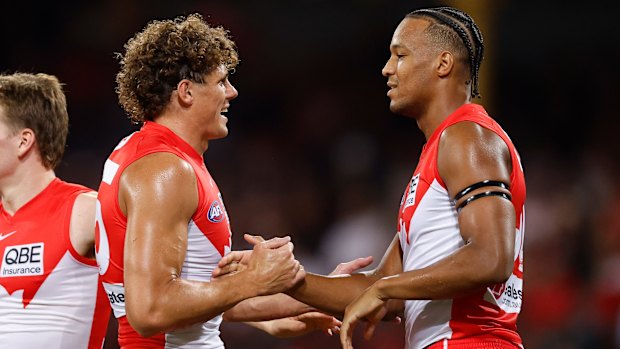Charlie Curnow and Joel Amartey celebrate victory over Carlton.
