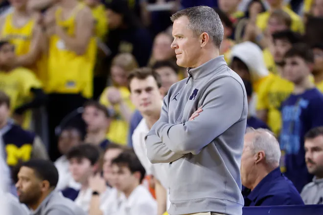 Feb 24, 2026; Ann Arbor, Michigan, USA; Michigan Wolverines head coach Dusty May in the second half against the Minnesota Golden Gophers at Crisler Center. Mandatory Credit: Rick Osentoski-Imagn Images