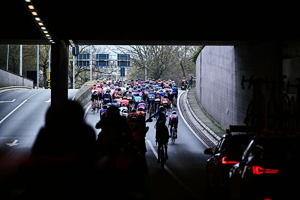 The peloton pictured in action during the 'Ronde van Brugge' men's elite one-day cycling race, 202,9 km from and to Brugge on Wednesday 25 March 2026. BELGA PHOTO MAARTEN STRAETEMANS (Photo by MAARTEN STRAETEMANS / BELGA MAG / Belga via AFP)