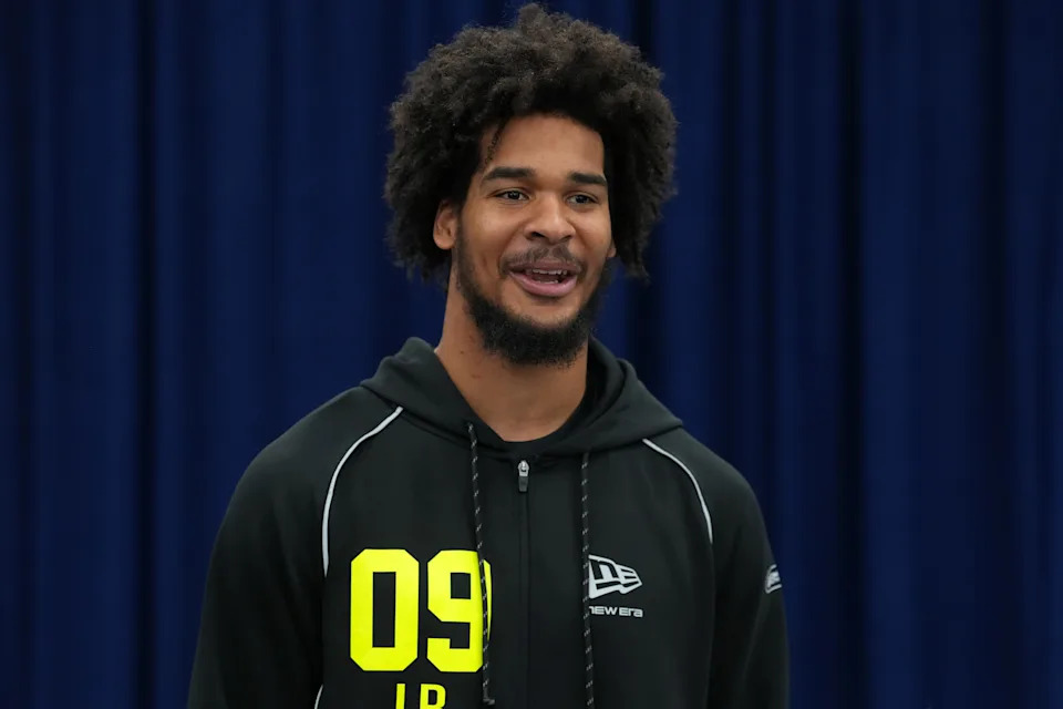 Feb 25, 2026; Indianapolis, IN, USA; Southern California linebacker Eric Gentry (LB09) speaks during the NFL Scouting Combine at the Indiana Convention Center. Mandatory Credit: Kirby Lee-Imagn Images