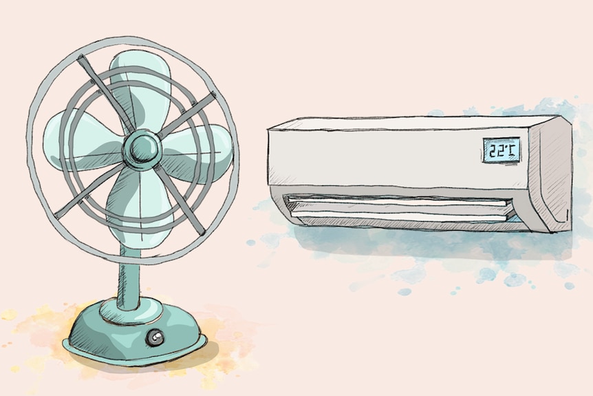 A hand-drawn illustration of an old-school table fan and a modern airconditioning unit.