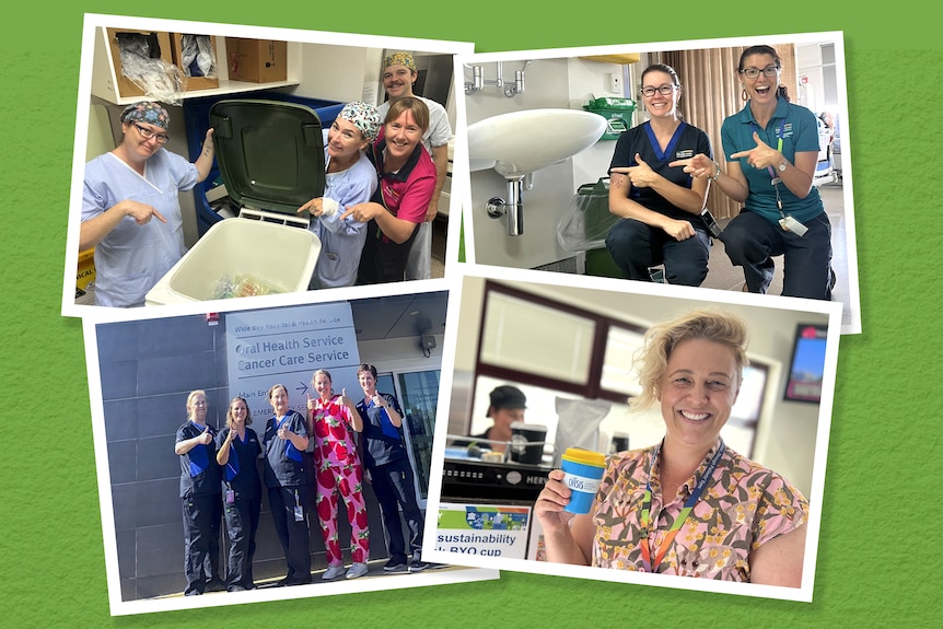 A collage of four photographs showing smiling staff with a range of eco initiatives.