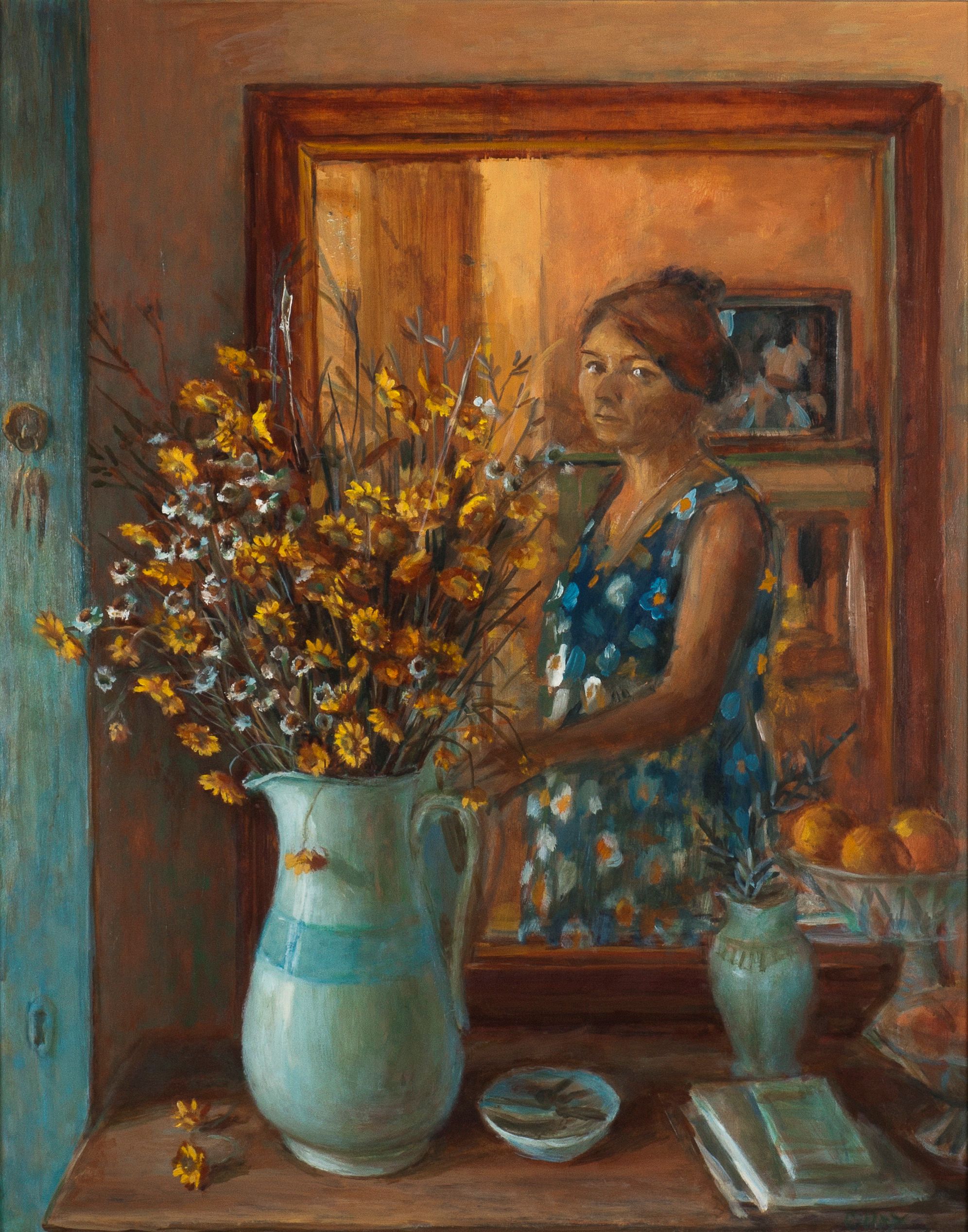 Self-portrait with everlastings by Margaret Olley; a painting of a woman looking in a mirror, behind a large vase of flowers.