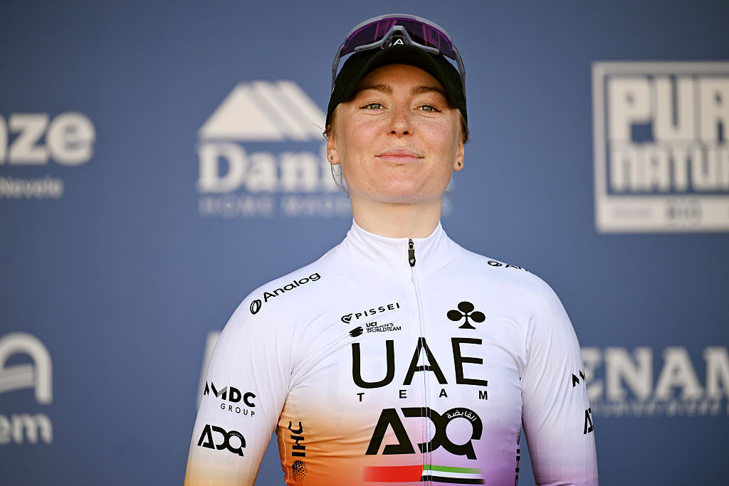 Lara Gillespie on the podium at Nokere Koerse 2026