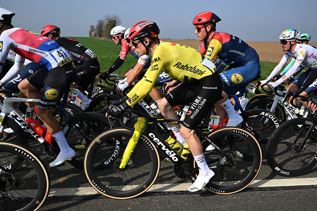 CARRIERES-SOUS-POISSY, FRANCE - MARCH 08: Jonas Vingegaard of Denmark and Team Visma | Lease a Bike competes during the 84th Paris-Nice 2026, Stage 1 a 170.9km stage from Acheres to Carrieres-sous-Poissy / #UCIWT / on March 08, 2026 in Carrieres-sous-Poissy, France. (Photo by Szymon Gruchalski/Getty Images)