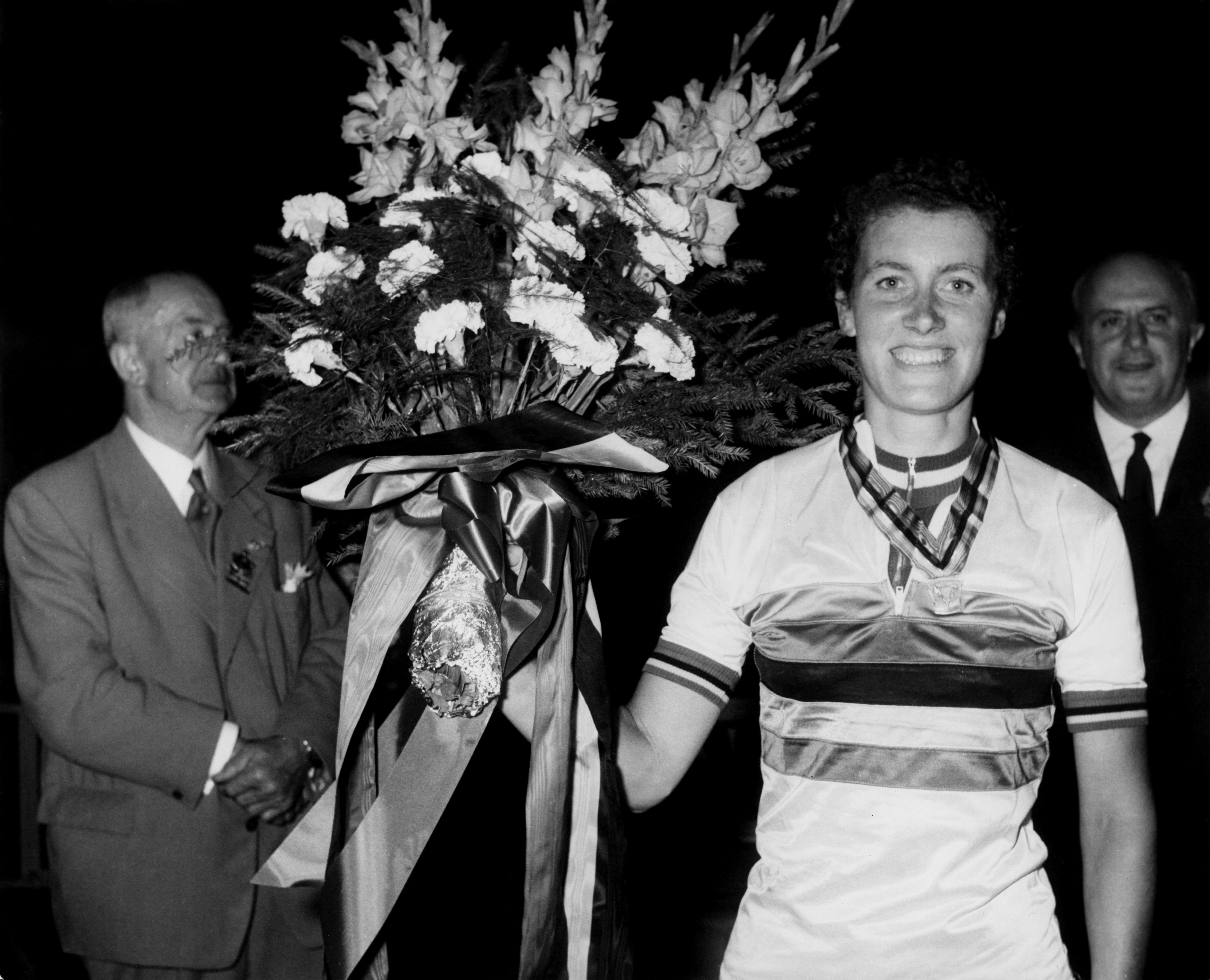 English racing cyclist Beryl Burton (1937 - 1996) after winning the World Pursuit Championship at Li&egrave;ge in Belgium for the fourth time in five years, 8th August 1963. (Photo by Keystone/Hulton Archive/Getty Images)