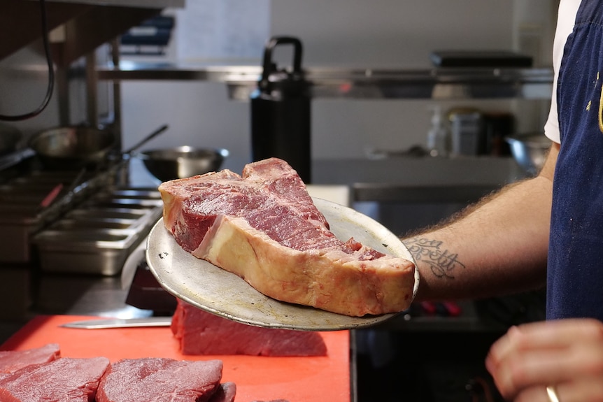 Person holds a metal plate with a raw t-bone steak on it.