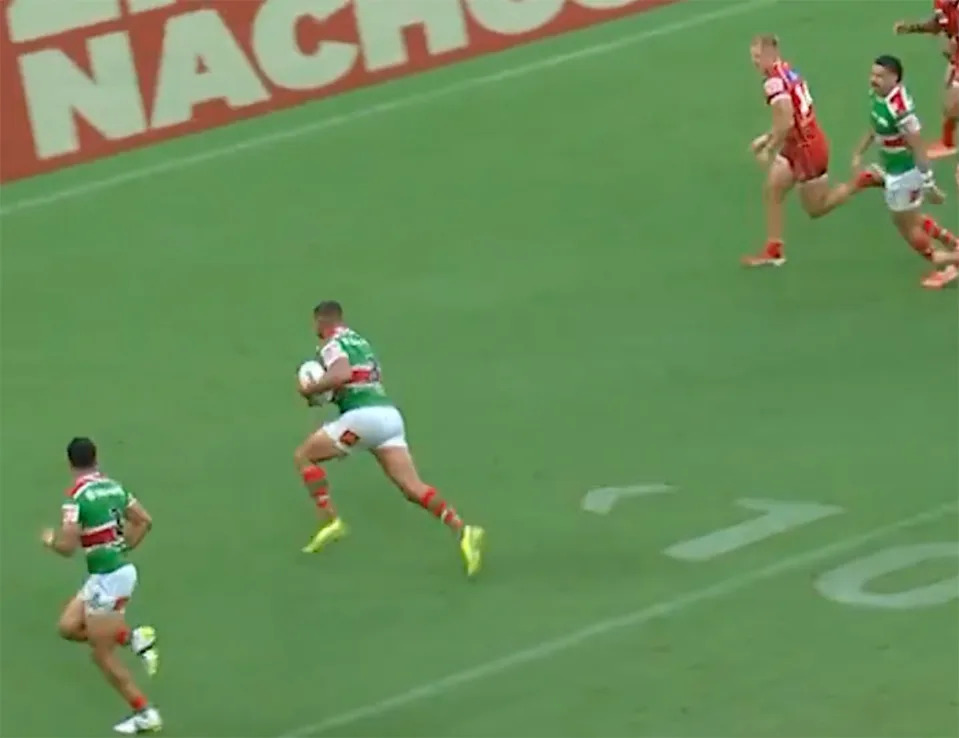 Latrell Mitchell, pictured here with Alex Johnston unmarked outside him.