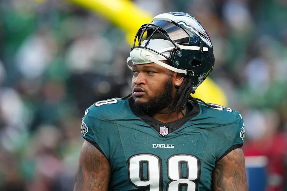PHILADELPHIA, PENNSYLVANIA - JANUARY 11: Jalen Carter #98 of the Philadelphia Eagles looks on before the NFC Wild Card Playoff game against the San Francisco 49ers at Lincoln Financial Field on January 11, 2026 in Philadelphia, Pennsylvania. (Photo by Mitchell Leff/Getty Images)
