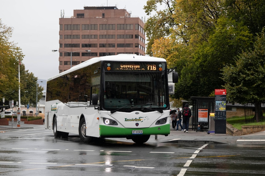 A white bus with green writing which reads Tassielink