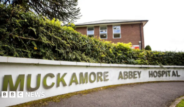 A sign outside a red building that reads: Muckamore Abbey Hospital in gold letters on a white wall.  A hedge is on top of the wall.