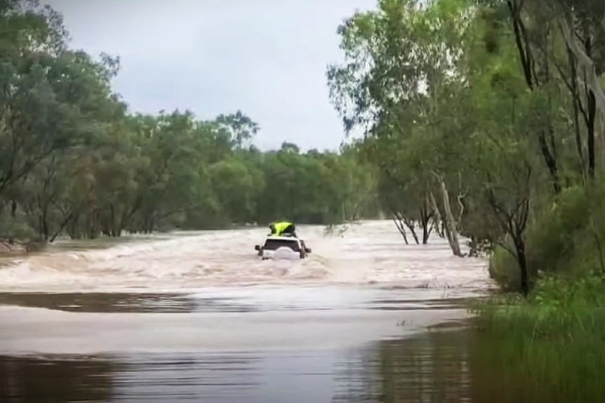 A grainy photo of a 4wd car half-submerged in water, high-vis man crouched over dog on car roof, greenery around
