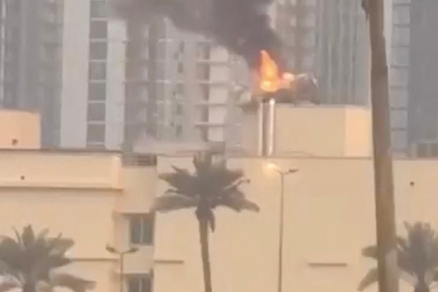 Flames are seen on top of a building in an urban area with a palm tree in the foreground