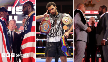 Split image of Derek Chisora facing off with Deontay Wilder, Moses Itauma celebrating in the ring and Fabio Wardley facing off with Daniel Dubois