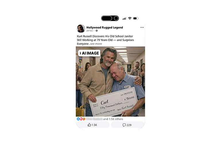 Kurt Russell with his arm around a janitor wearing a blue shirt. He holds a large novelty cheque